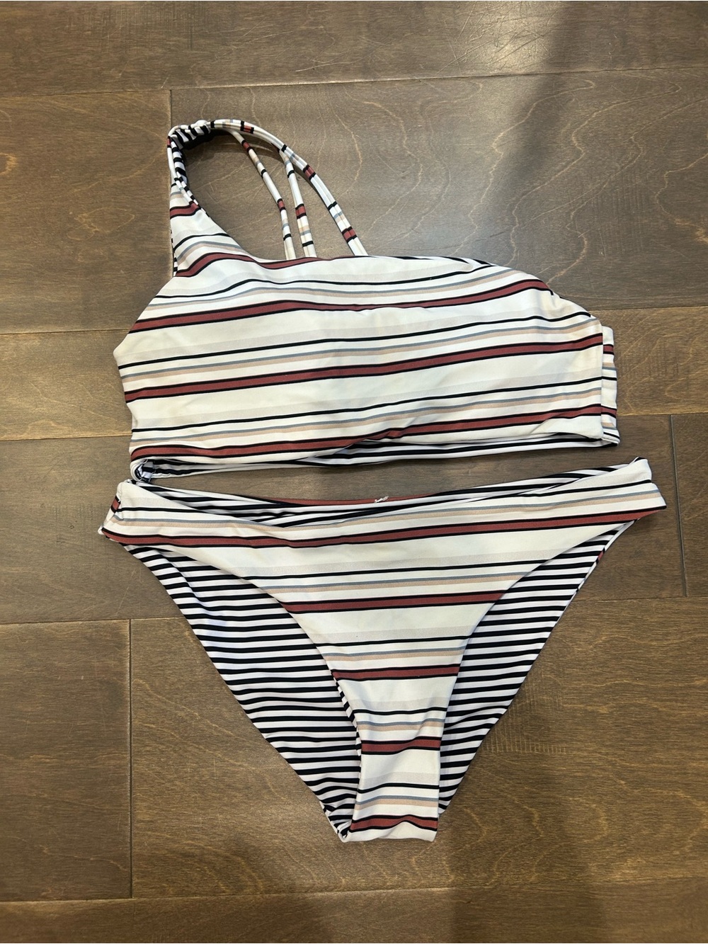 Striped Two-Piece Bikini Set in White, Black & Rust